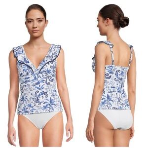 NWT Tommy Bahama Terrazzo Tile Ruffle Tankini Top Blue White Swim Bluebell XXS